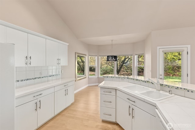 6719 Prairie Ridge Dr NE, Olympia, WA 98516 - kitchen featuring a sink, white cabinetry, freestanding refrigerator, light wood finished floors, and decorative backsplash