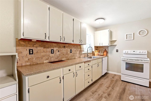 3348 SW Christmas Tree Ln, Port Orchard, WA 98367 - kitchen with white appliances, light wood-style floors, backsplash, light countertops, and open shelves