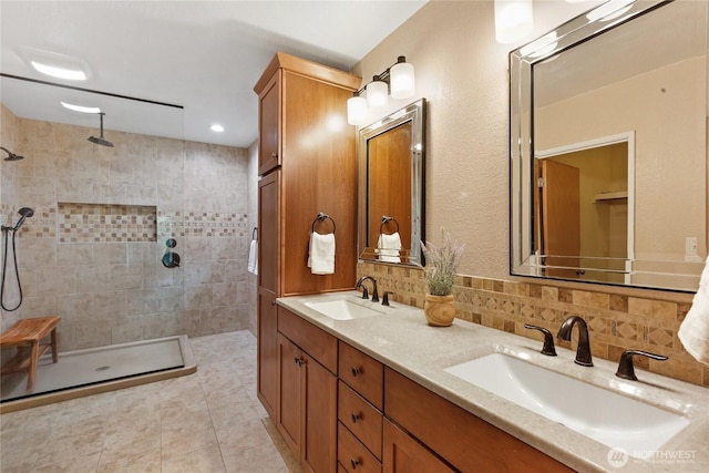 3348 SW Christmas Tree Ln, Port Orchard, WA 98367 - full bath featuring double vanity, a walk in shower, tasteful backsplash, and tile patterned floors