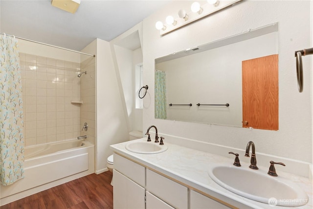 3348 SW Christmas Tree Ln, Port Orchard, WA 98367 - bathroom featuring shower / bath combination with curtain, wood finished floors, and double vanity