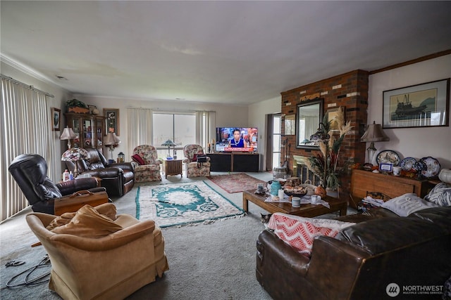 55 Devonshire Rd, Montesano, WA 98563 - living room featuring carpet, ornamental molding, and a brick fireplace