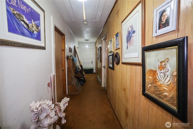 55 Devonshire Rd, Montesano, WA 98563 - hallway with attic access, carpet floors, and wood walls