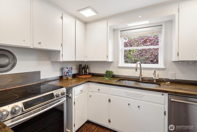 kitchen with white cabinets, stainless steel appliances, and a sink