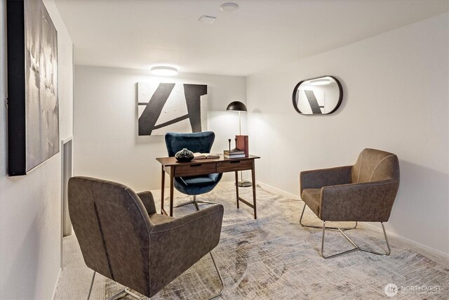 office area featuring baseboards and carpet