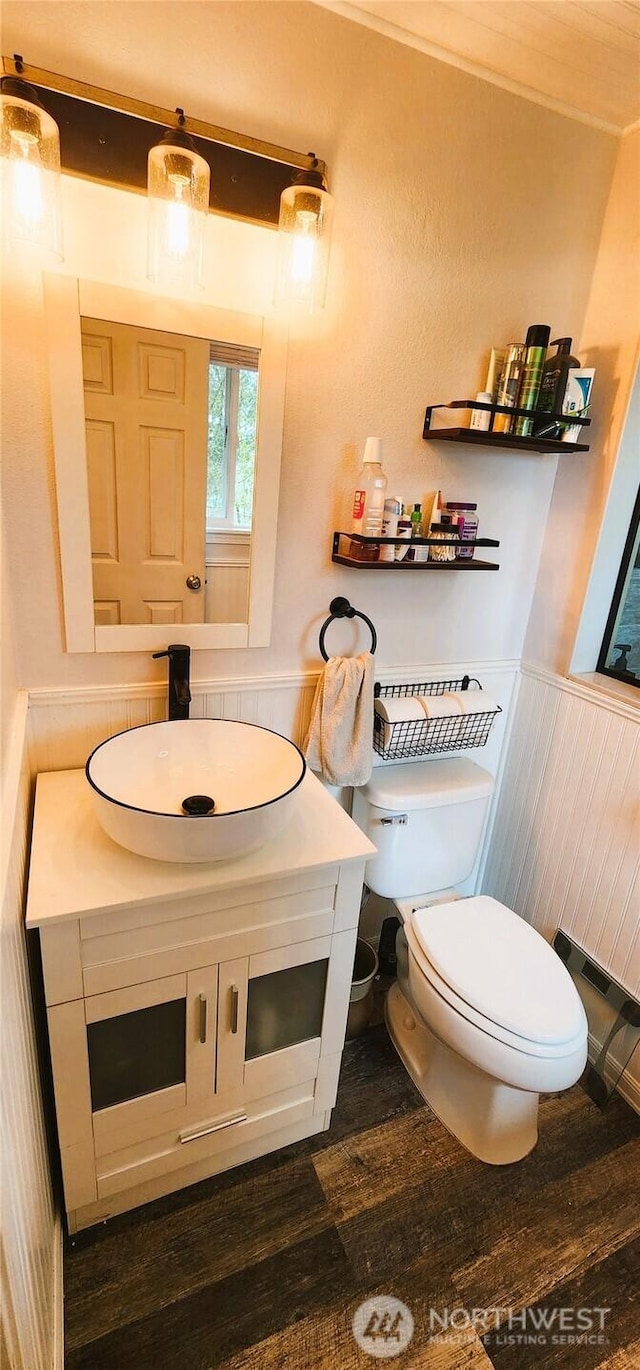 half bath featuring a wainscoted wall, toilet, vanity, and wood finished floors