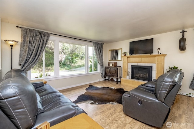 living room with baseboards, a fireplace, and wood finished floors