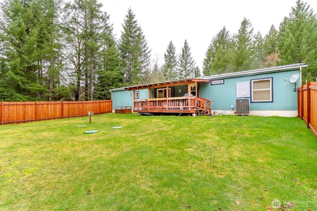 440 Cannon Rd, Packwood, WA 98361 - back of property featuring a fenced backyard, a lawn, a wooden deck, and crawl space