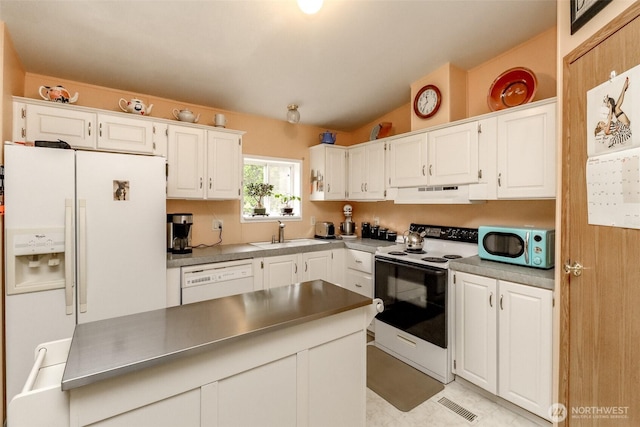 440 Cannon Rd, Packwood, WA 98361 - kitchen featuring under cabinet range hood, white cabinets, a sink, and white appliances