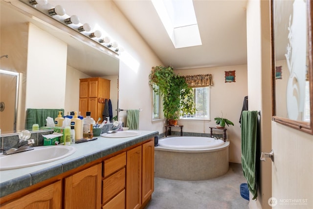 full bath with a stall shower, a bath, double vanity, and a sink