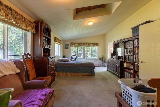 bedroom with carpet flooring and vaulted ceiling