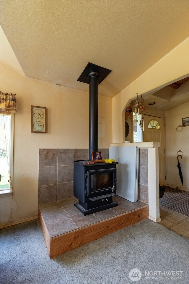 interior details featuring a wood stove, carpet, and baseboards