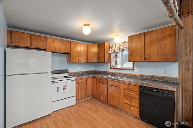 1205 Fairwood Dr SW, Ocean Shores, WA 98569 - kitchen with light wood-type flooring, brown cabinets, a sink, dark countertops, and white appliances
