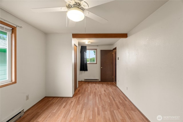 1205 Fairwood Dr SW, Ocean Shores, WA 98569 - empty room featuring light wood finished floors, a baseboard heating unit, ceiling fan, beamed ceiling, and a baseboard radiator