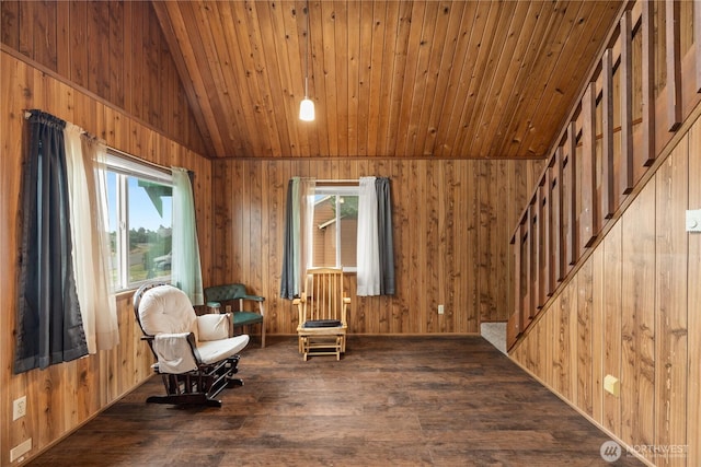 1205 Fairwood Dr SW, Ocean Shores, WA 98569 - living area with wood finished floors, lofted ceiling, stairs, wood ceiling, and wood walls