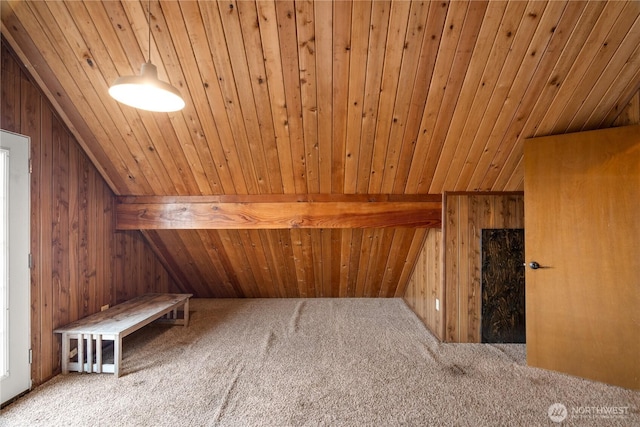 1205 Fairwood Dr SW, Ocean Shores, WA 98569 - additional living space featuring carpet flooring, lofted ceiling, wood walls, and wooden ceiling