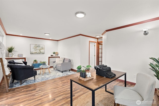 office area with wood finished floors, crown molding, baseboards, and recessed lighting