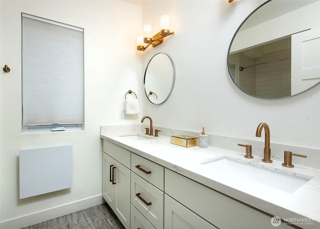 bathroom featuring double vanity, a sink, and wood finished floors