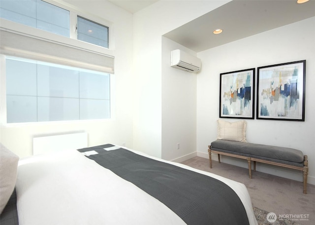 bedroom with carpet flooring, an AC wall unit, baseboards, and recessed lighting