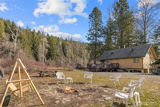 1081 Wapiti Dr, Cle Elum, WA 98922 - view of yard featuring a fire pit, a wooden deck, and a forest view