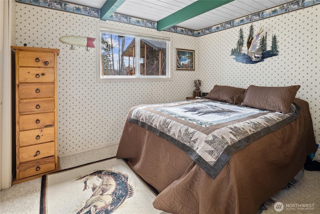 1081 Wapiti Dr, Cle Elum, WA 98922 - bedroom with wallpapered walls, beamed ceiling, and carpet flooring