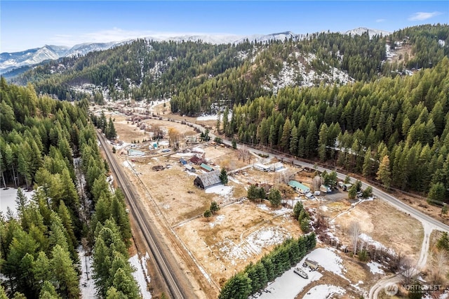 drone / aerial view with a mountain view and a forest view
