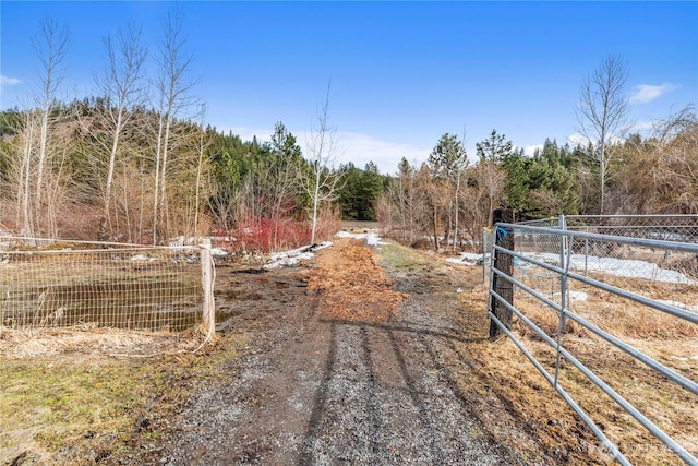 view of street featuring a forest view, a gated entry, and a gate