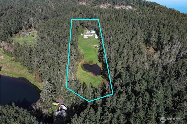 birds eye view of property featuring a forest view and a water view