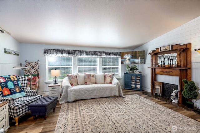 living room featuring wood finished floors, lofted ceiling, and a wealth of natural light