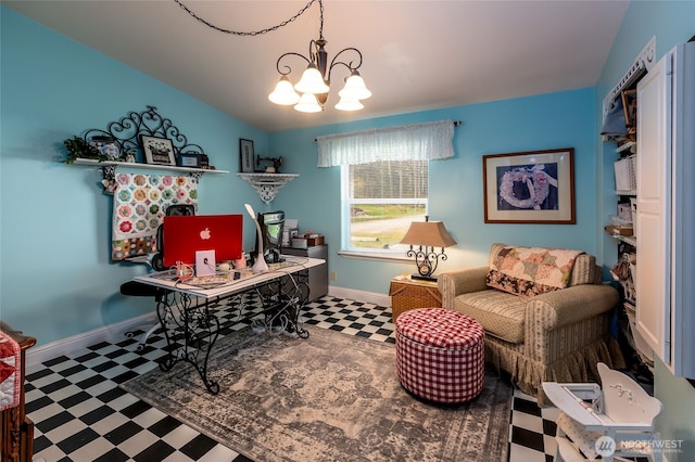 office with tile patterned floors, an inviting chandelier, baseboards, and lofted ceiling