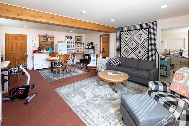 carpeted living room with recessed lighting and beam ceiling