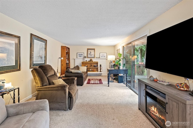 2913 SE Forest Villa Ct, Port Orchard, WA 98366 - living area with a lit fireplace, light carpet, and a textured ceiling