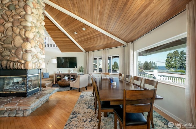 6926 Holeman Ave, Blaine, WA 98230 - dining area featuring wood finished floors, baseboards, wooden ceiling, a fireplace, and lofted ceiling