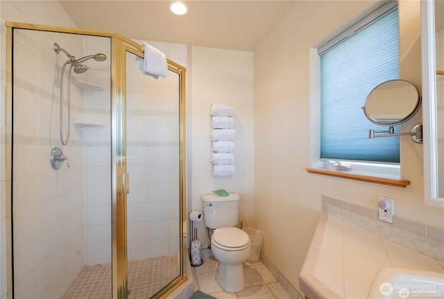 6926 Holeman Ave, Blaine, WA 98230 - full bath featuring baseboards, recessed lighting, a shower stall, tile patterned floors, and toilet
