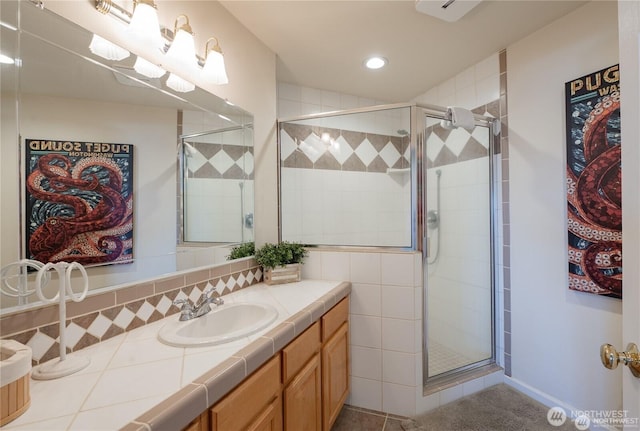 6926 Holeman Ave, Blaine, WA 98230 - bathroom with vanity, recessed lighting, and a stall shower