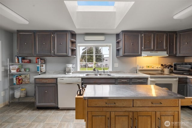139 N Star Dr, Chehalis, WA 98532 - kitchen with under cabinet range hood, a sink, open shelves, and white appliances