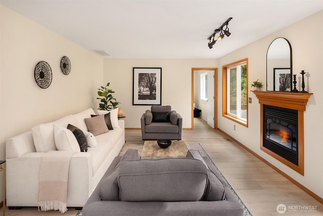 4111 161st Ave NE, Snohomish, WA 98290 - living room with baseboards, light wood-style flooring, a glass covered fireplace, and track lighting