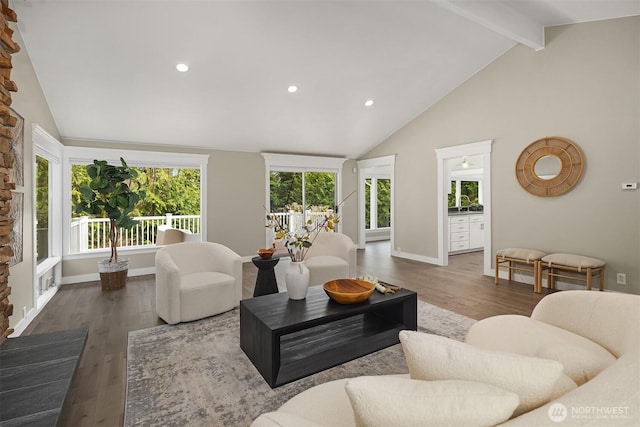 living area with dark wood-style flooring, beamed ceiling, high vaulted ceiling, and recessed lighting