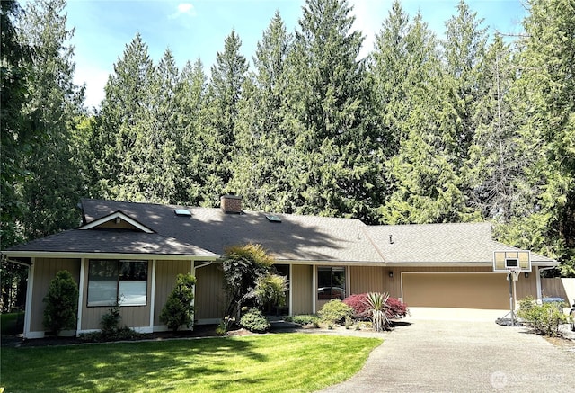 24100 NE 27th Pl, Sammamish, WA 98074 - single story home with driveway, a chimney, an attached garage, a front yard, and roof with shingles