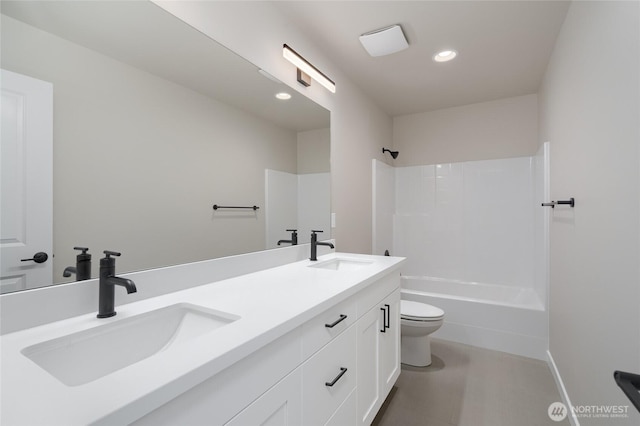 2406 SW Ridgeway Dr, Oak Harbor, WA 98277 - bathroom with toilet, double vanity, tub / shower combination, and recessed lighting