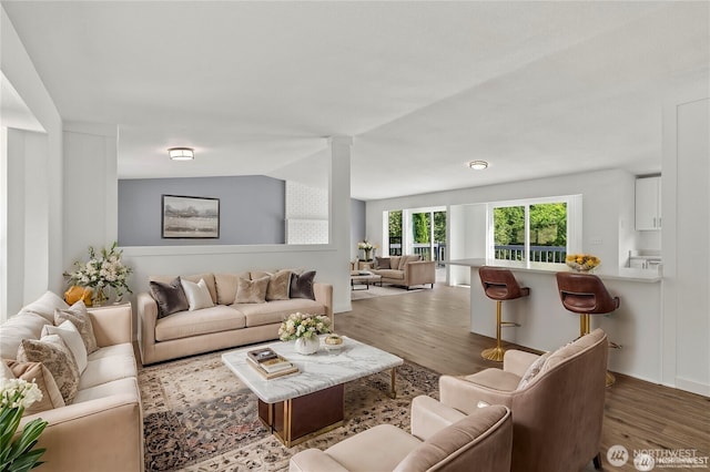 living room featuring decorative columns and wood finished floors