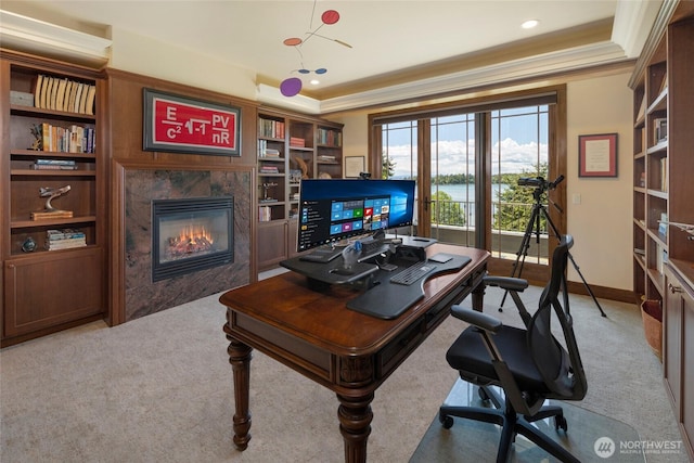 1935 False Bay Dr, Friday Harbor, WA 98250 - home office with light colored carpet, a premium fireplace, crown molding, recessed lighting, and baseboards