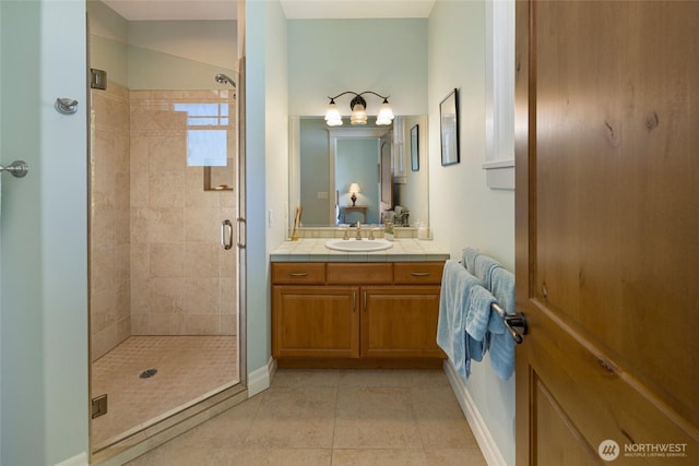 1935 False Bay Dr, Friday Harbor, WA 98250 - bathroom with a shower stall, vanity, baseboards, and tile patterned flooring