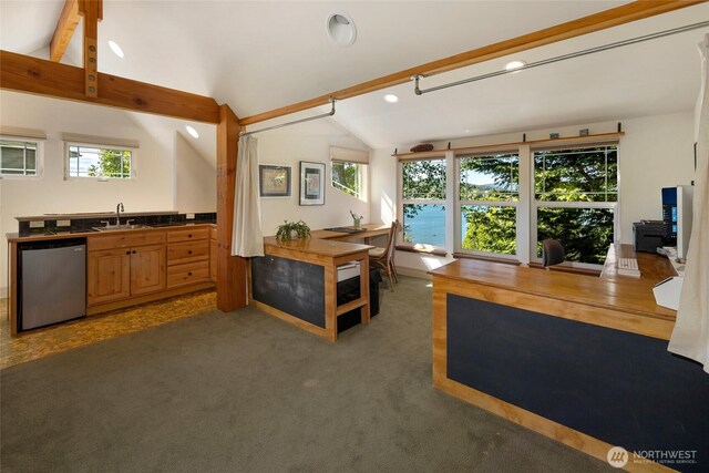 1935 False Bay Dr, Friday Harbor, WA 98250 - carpeted office space featuring a sink, vaulted ceiling, plenty of natural light, and recessed lighting