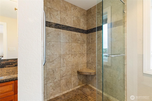 8196 Comox Rd, Blaine, WA 98230 - full bathroom with a shower stall, vanity, and a textured wall