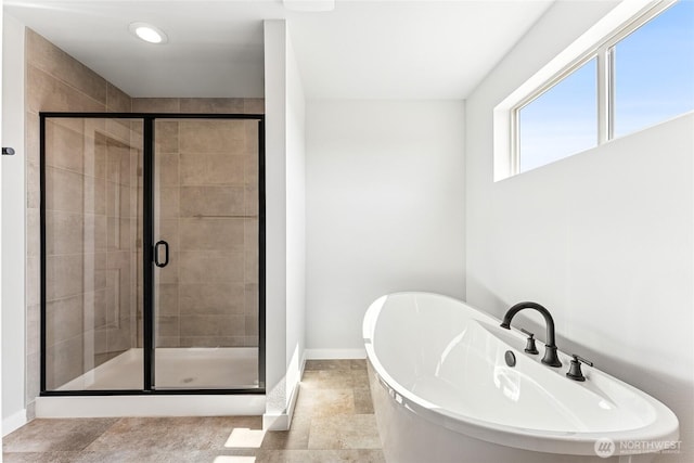 13906 178th Street Ct E Unit 62, Puyallup, WA 98374 - full bathroom with a shower stall, baseboards, a soaking tub, recessed lighting, and tile patterned floors