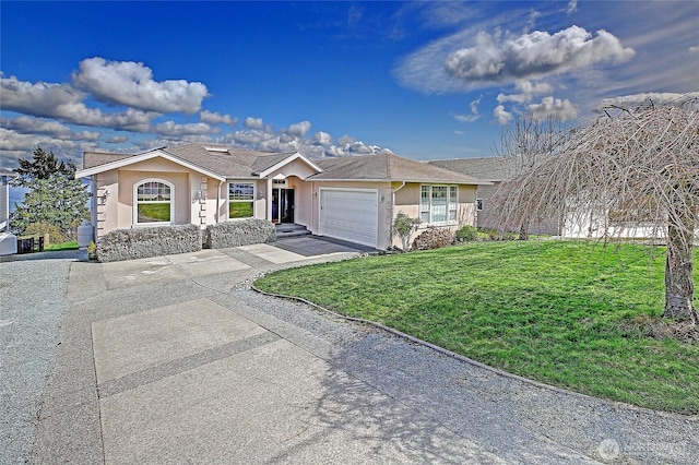 1433 Crestview Dr, Camano Island, WA 98282 - ranch-style house featuring stucco siding, a garage, a front lawn, and driveway