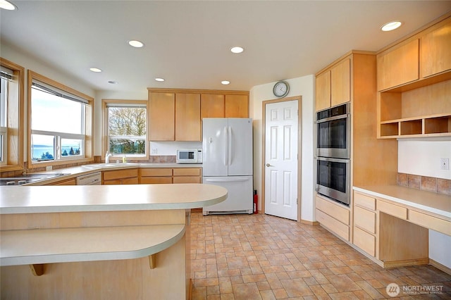 1433 Crestview Dr, Camano Island, WA 98282 - kitchen with white appliances, light brown cabinetry, a sink, recessed lighting, and light countertops