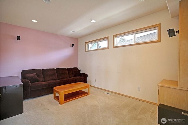 1433 Crestview Dr, Camano Island, WA 98282 - living room featuring baseboards, recessed lighting, and carpet flooring
