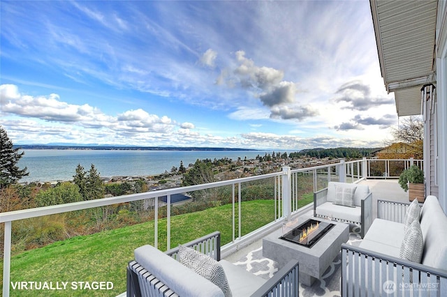 1433 Crestview Dr, Camano Island, WA 98282 - balcony with an outdoor living space with a fire pit and a water view
