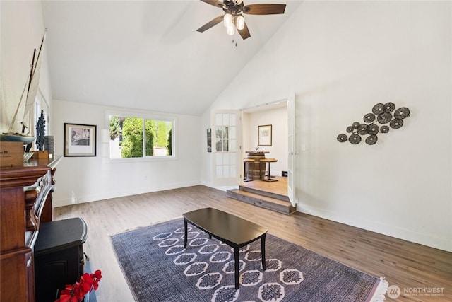 817 SW 158th St, Burien, WA 98166 - living area with a ceiling fan, wood finished floors, and high vaulted ceiling